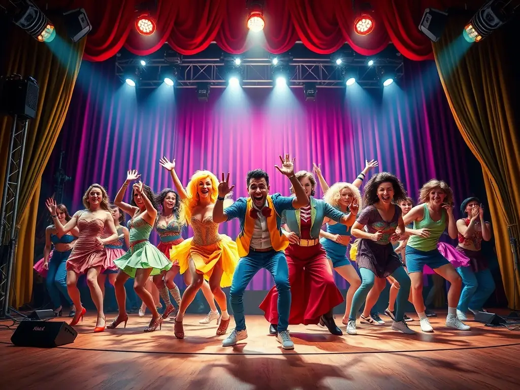 A dynamic image of a theatre production at CAVC, featuring actors in costume performing on stage.