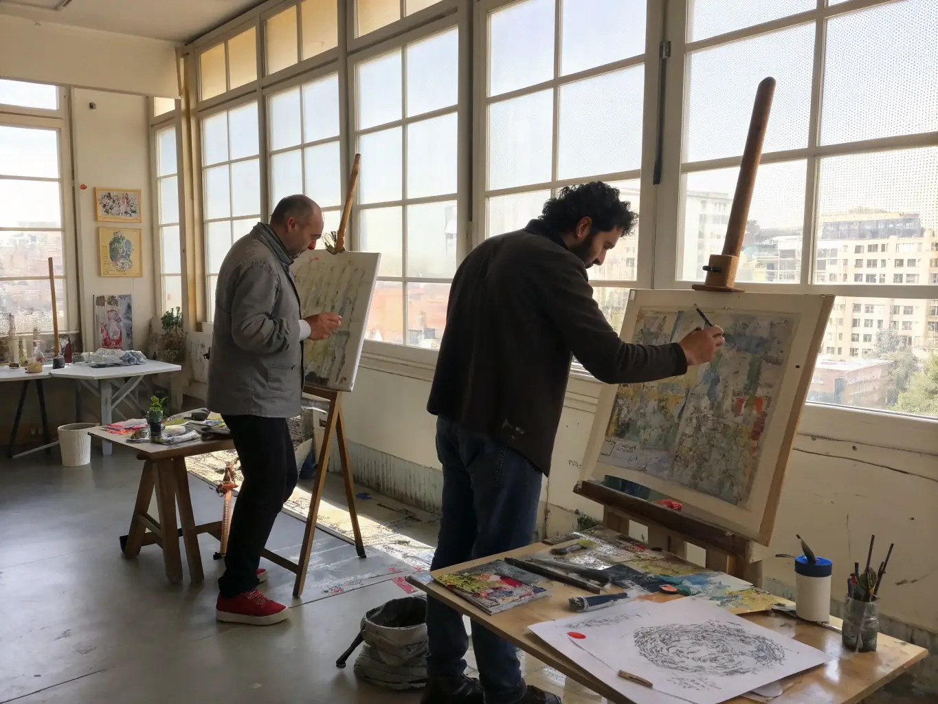 A colorful photograph of participants engaged in an artistic workshop at CAVC, creating paintings and sculptures under the guidance of an instructor.